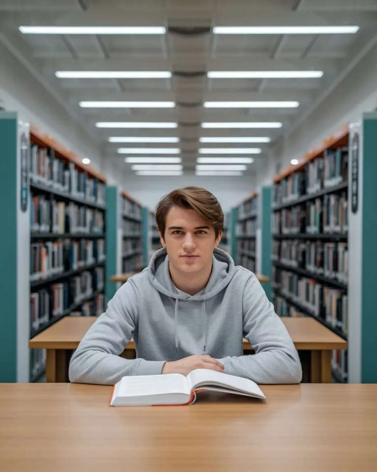 Student sitzt in einer Bibliothek, umgeben von Büchern, und bereitet sich auf das Studium vor.