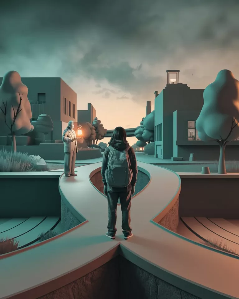 Symbolische Darstellung eines Weges, der in verschiedene Richtungen führt, beleuchtet von einem Führer mit einer Laterne.