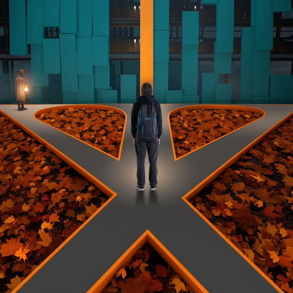 Ein Student steht an einer Weggabelung, symbolisiert durch einen Entscheidungsprozess während des Studiums.