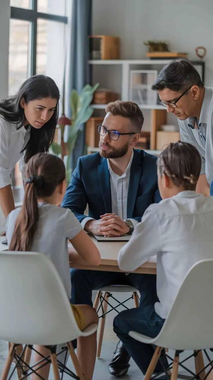 Teammeeting mit vier Personen an einem Tisch in einem modernen Büro. Sie diskutieren strategische Lösungen für Herausforderungen im Unternehmenskontext, visualisiert durch ihre engagierten Interaktionen.