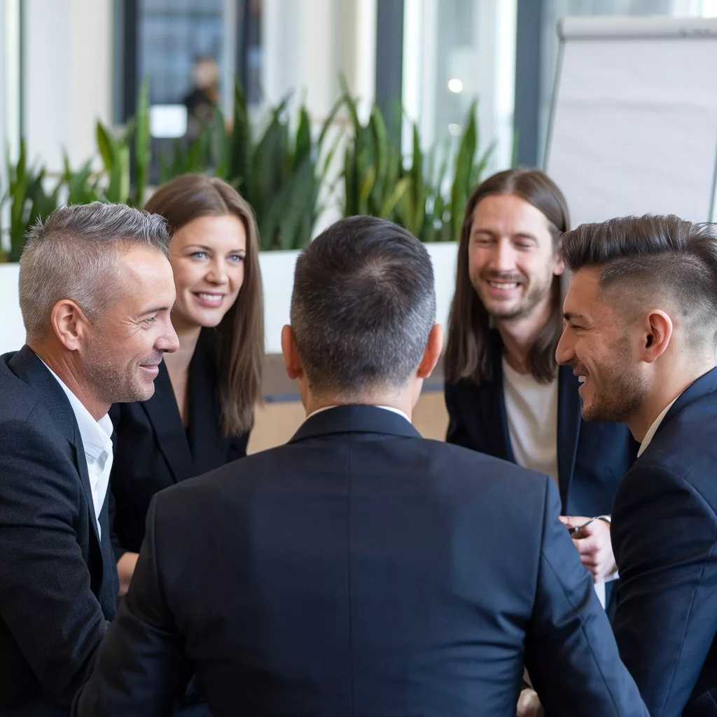 Gruppe von Geschäftspersonen im Gespräch – Fokus auf Konfliktlösung und Nachfolgeplanung für Unternehmerfamilien.