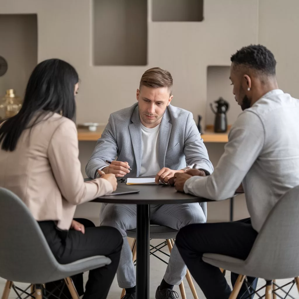 Drei Personen in einer Beratungssitzung – Neutrale Vermittlung und lösungsorientierte Ansätze für nachhaltigen Erfolg.