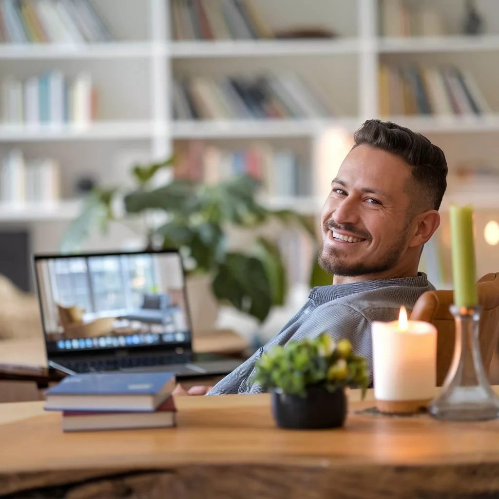 Mann mit Laptop und Büchern in gemütlicher Umgebung – Darstellung von flexibler Beratung und Online-Coaching.