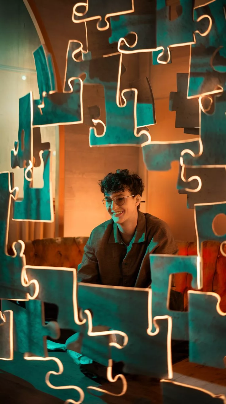 Person hinter leuchtenden Puzzleteilen – Symbol für Lösungsfindung und kreatives Denken in der Beratung.