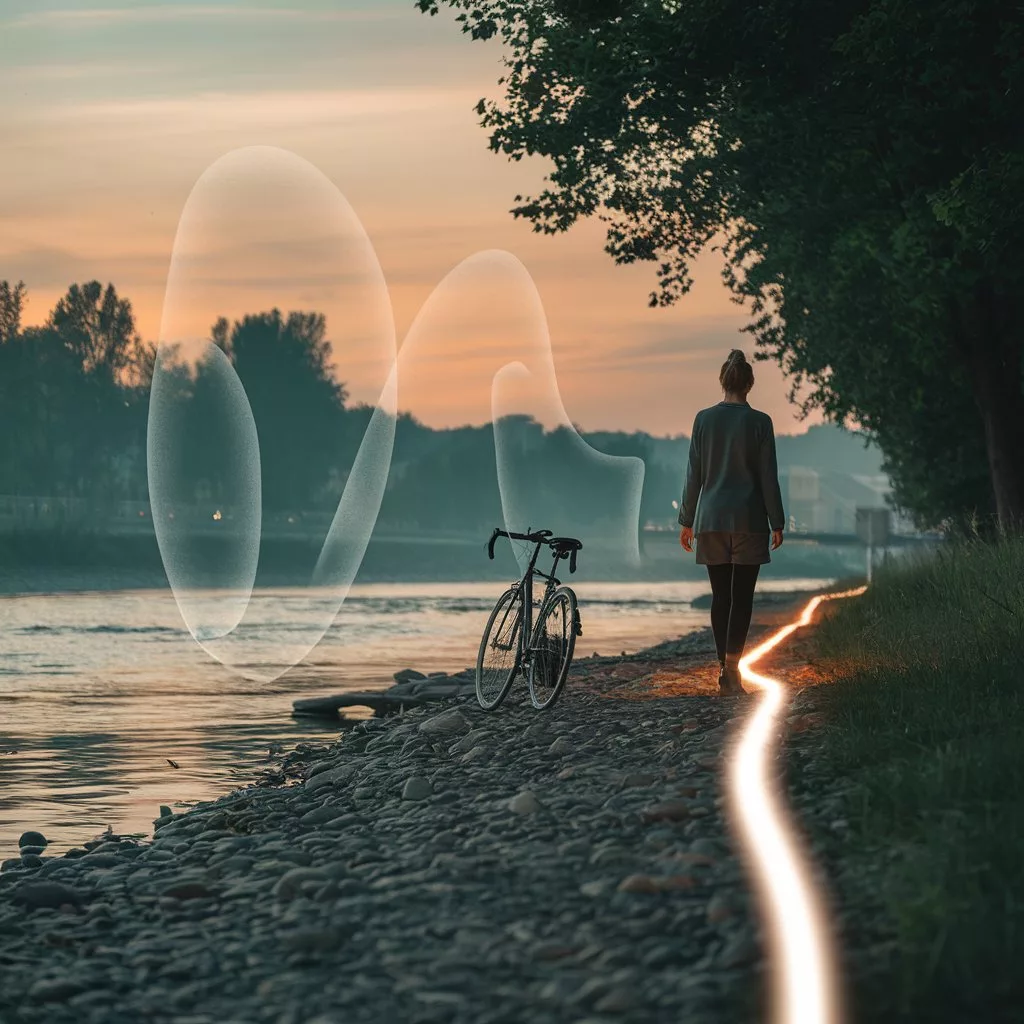 Person bei Sonnenuntergang am Flussufer mit Fahrrad – symbolischer Weg mit Lichtlinie, Sinnbild für persönliche Entwicklung und Mediation.