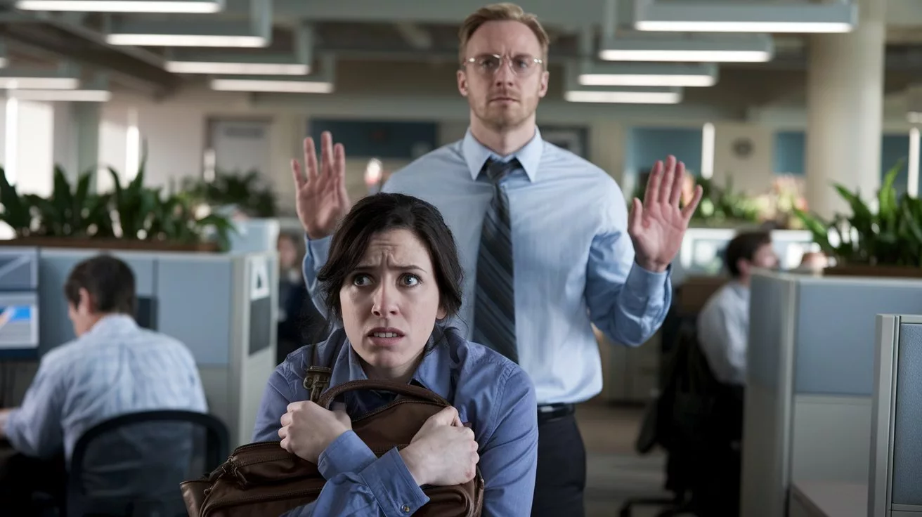 Eine verängstigte Frau in einem Büro, die Anzeichen von Mobbing zeigt, während ein männlicher Kollege im Hintergrund eine abweisende Haltung einnimmt.