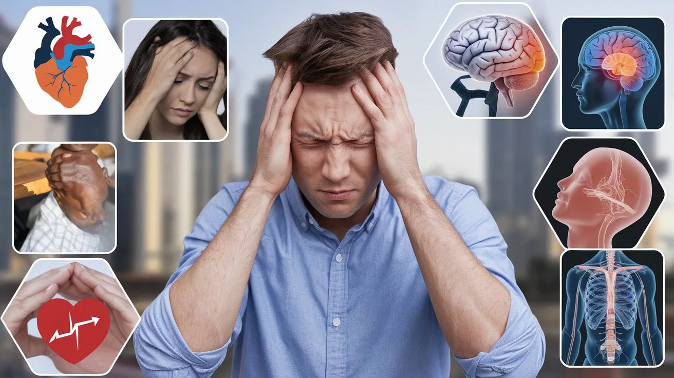 Mann mit Kopfschmerzen, umgeben von medizinischen Illustrationen zu Stressfolgen wie Herz-Kreislauf-System, Gehirn und Nerven. Symbolisiert Auswirkungen von Stress und die Notwendigkeit von Stressmanagement.