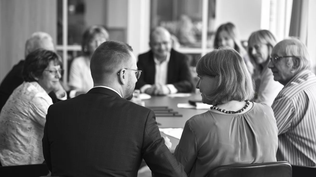 Ein Familienunternehmen bei einem geschäftlichen Meeting, bei dem Strategien und Lösungen diskutiert werden.
