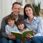 Eine glückliche Familie sitzt gemeinsam auf einem Sofa und liest ein Buch – Symbol für Harmonie und effektive familiäre Kommunikation.