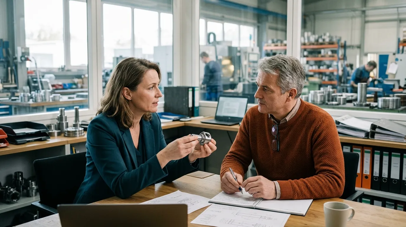 Ein Unternehmerpaar führt im gemeinsamen Unternehmen ein Gespräch, bei dem berufliche und partnerschaftliche Rollen zusammentreffen.