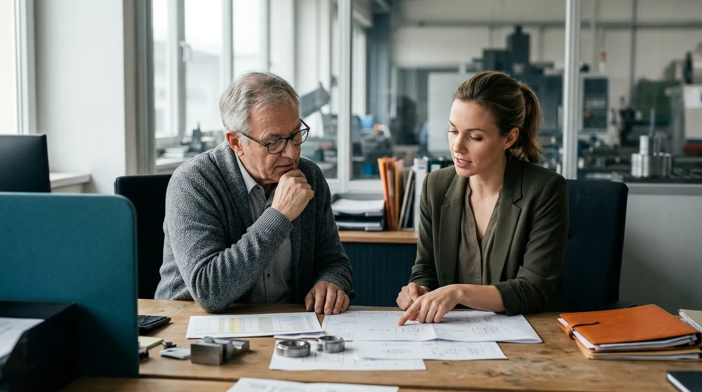 Eine Senior- und eine Nachfolgegeneration bearbeiten gemeinsam eine Unternehmensfrage und teilen schrittweise Verantwortung.