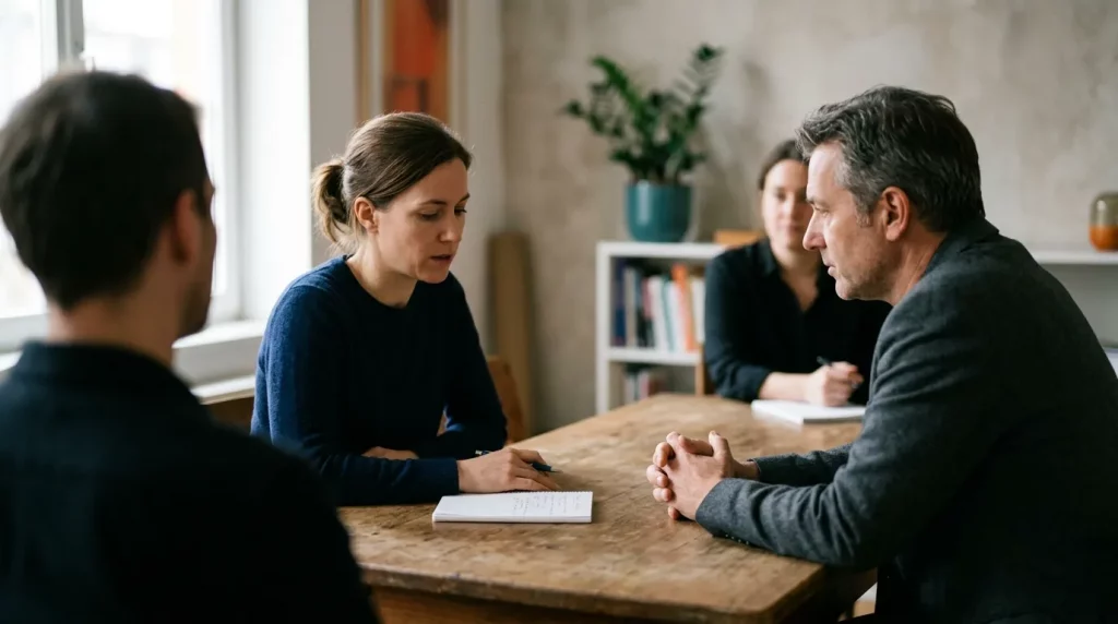 Supervisor und Fachpersonen beim ersten gemeinsamen Supervisionsgespräch in einem ruhigen Besprechungsraum.