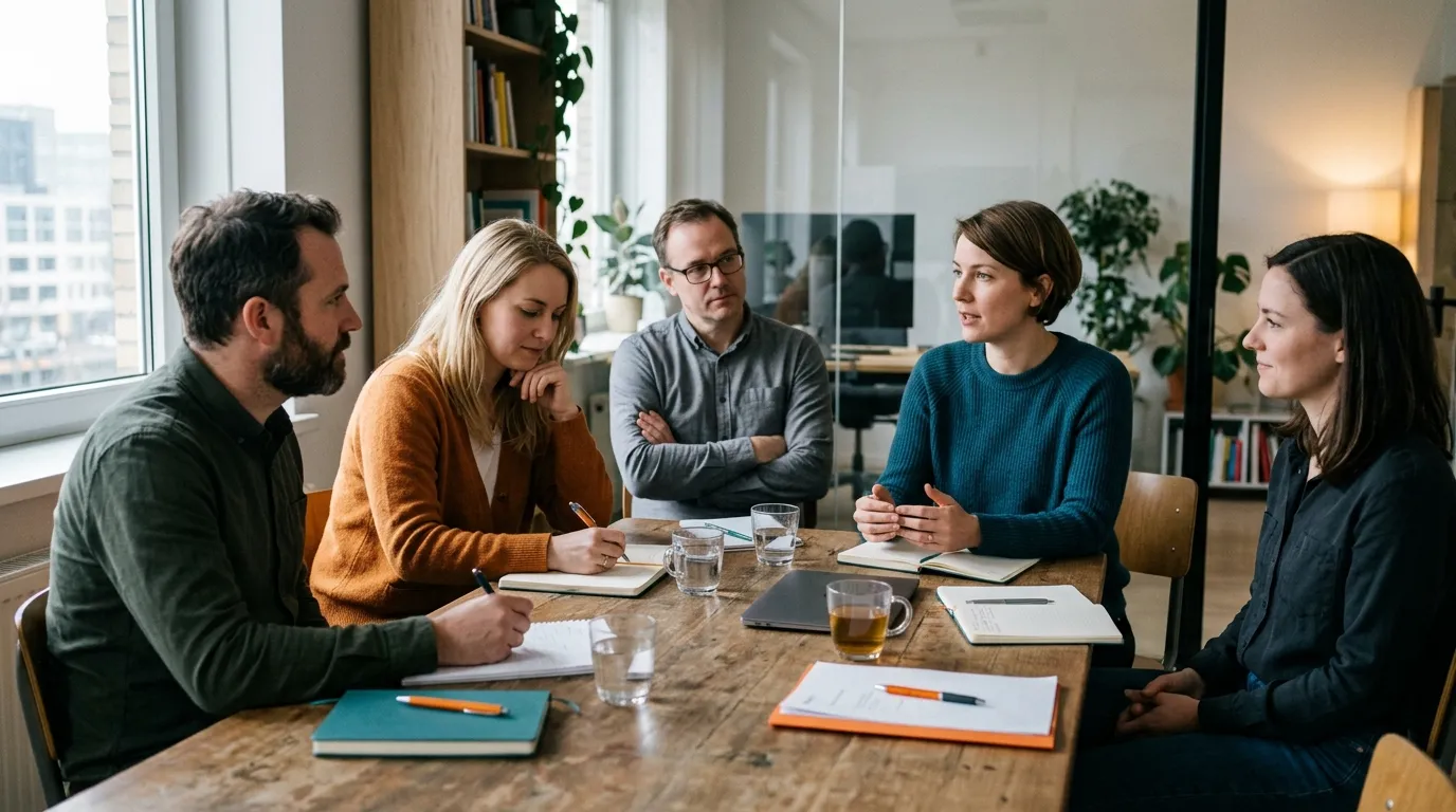 Neue Führungskraft im Gespräch mit früheren Kolleginnen und Kollegen aus dem bisherigen Team.