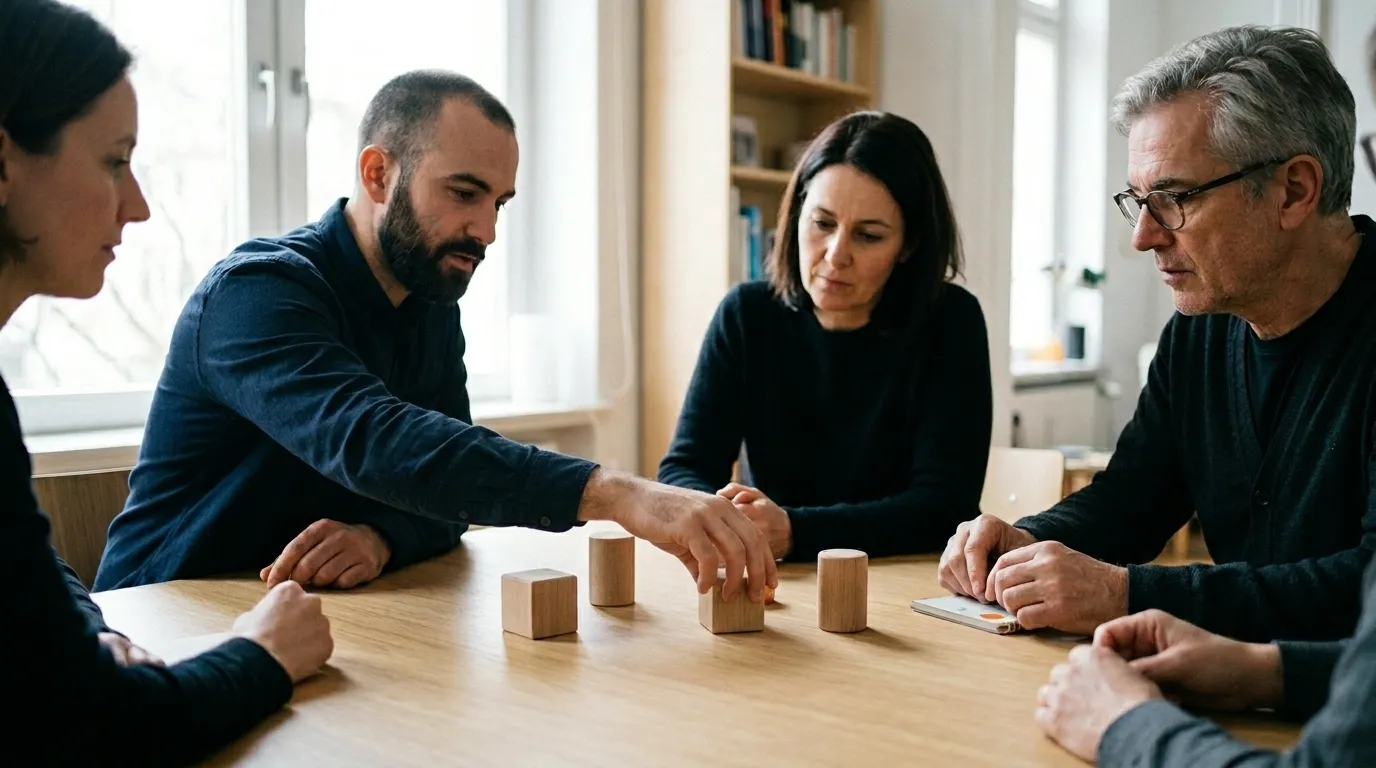 Fachpersonen machen in einer Fallsupervision unterschiedliche Perspektiven eines Falls mit einer zurückhaltenden Visualisierung sichtbar.