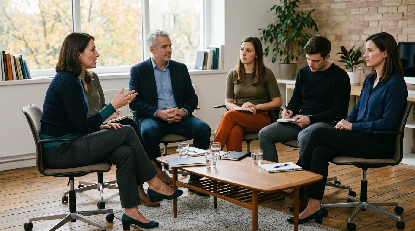 Führungskraft spricht in einer Teamsupervision selbst mit ihrem Team, während der Supervisor den Gesprächsprozess begleitet.