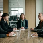 Führungskraft, Team und Supervisor in einem angespannten, professionell moderierten Klärungsgespräch.