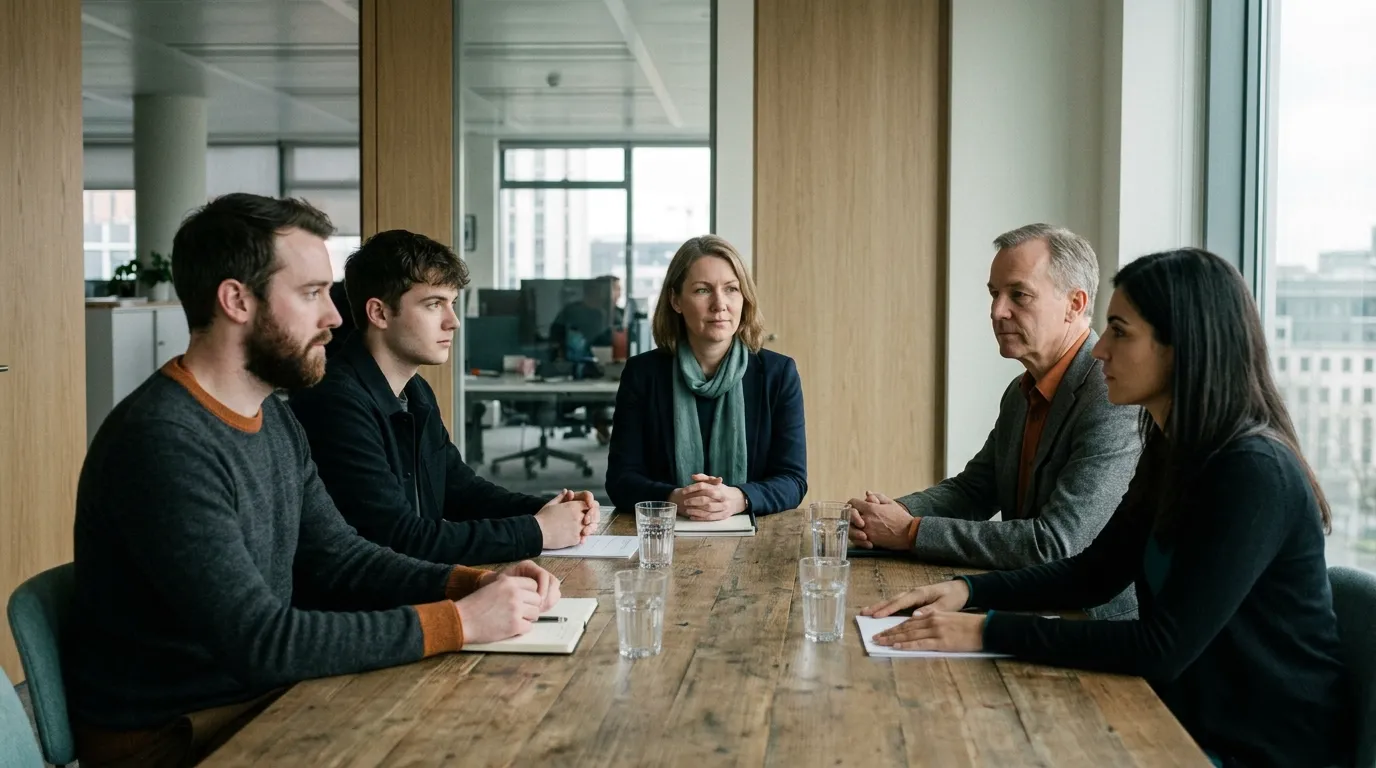 Führungskraft, Team und Supervisor in einem angespannten, professionell moderierten Klärungsgespräch.