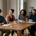 Teammitglieder betrachten in einer Supervision einen Konflikt aus unterschiedlichen Perspektiven.