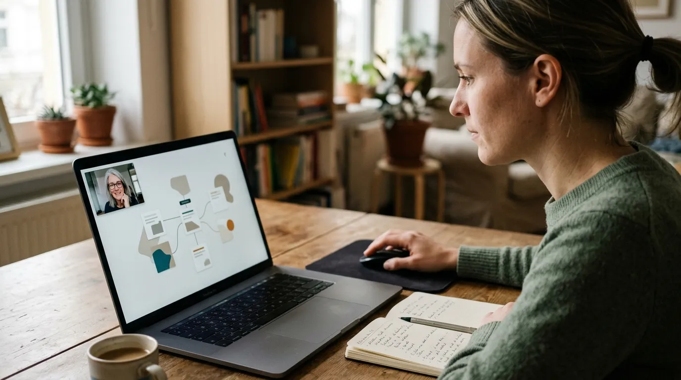 Fachperson und Supervisor bearbeiten während einer Online-Supervision gemeinsam eine digitale Visualisierung.