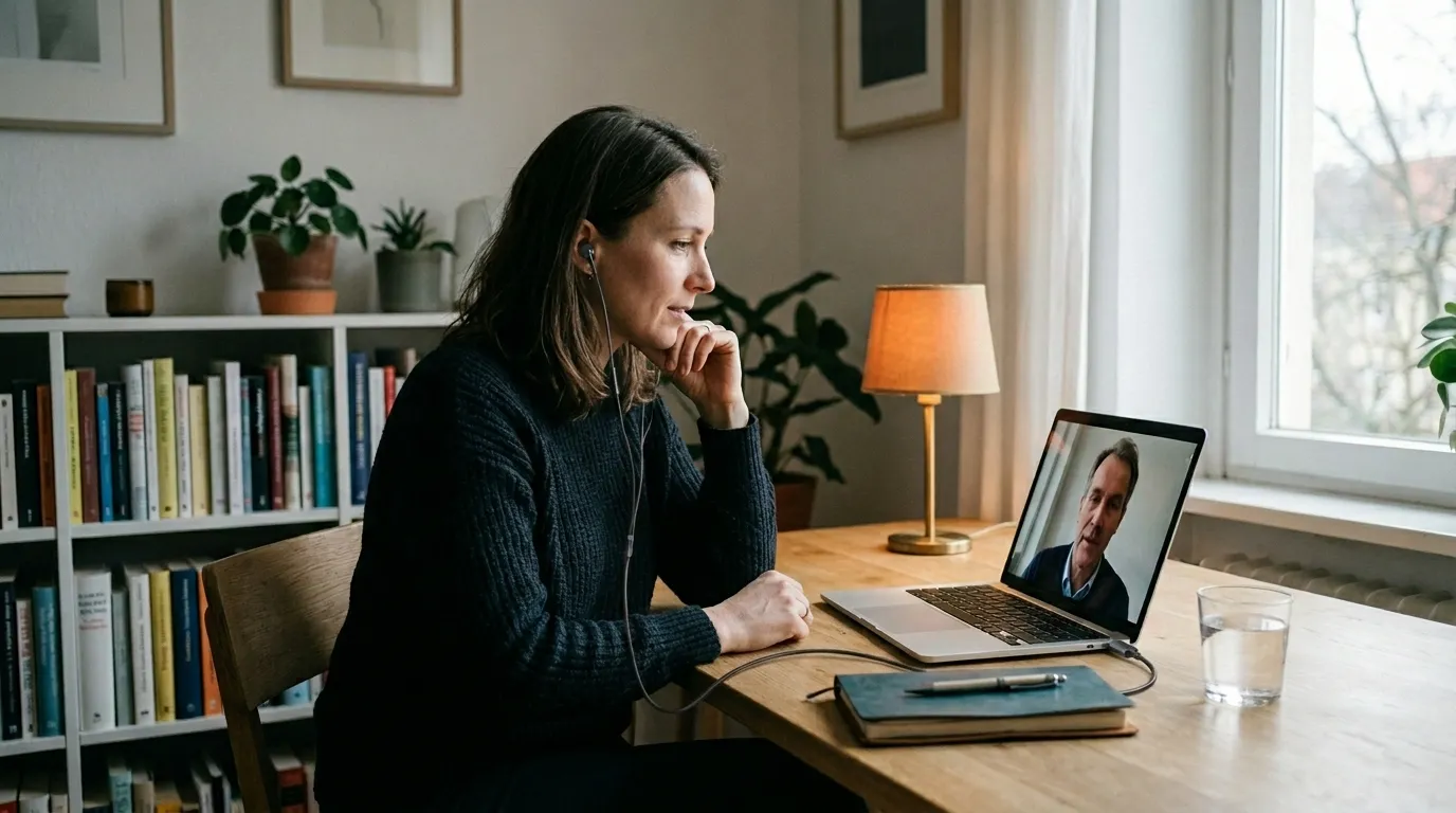 Fachperson nimmt aus einem ruhigen eigenen Arbeitsraum an einer persönlichen Online-Supervision teil.