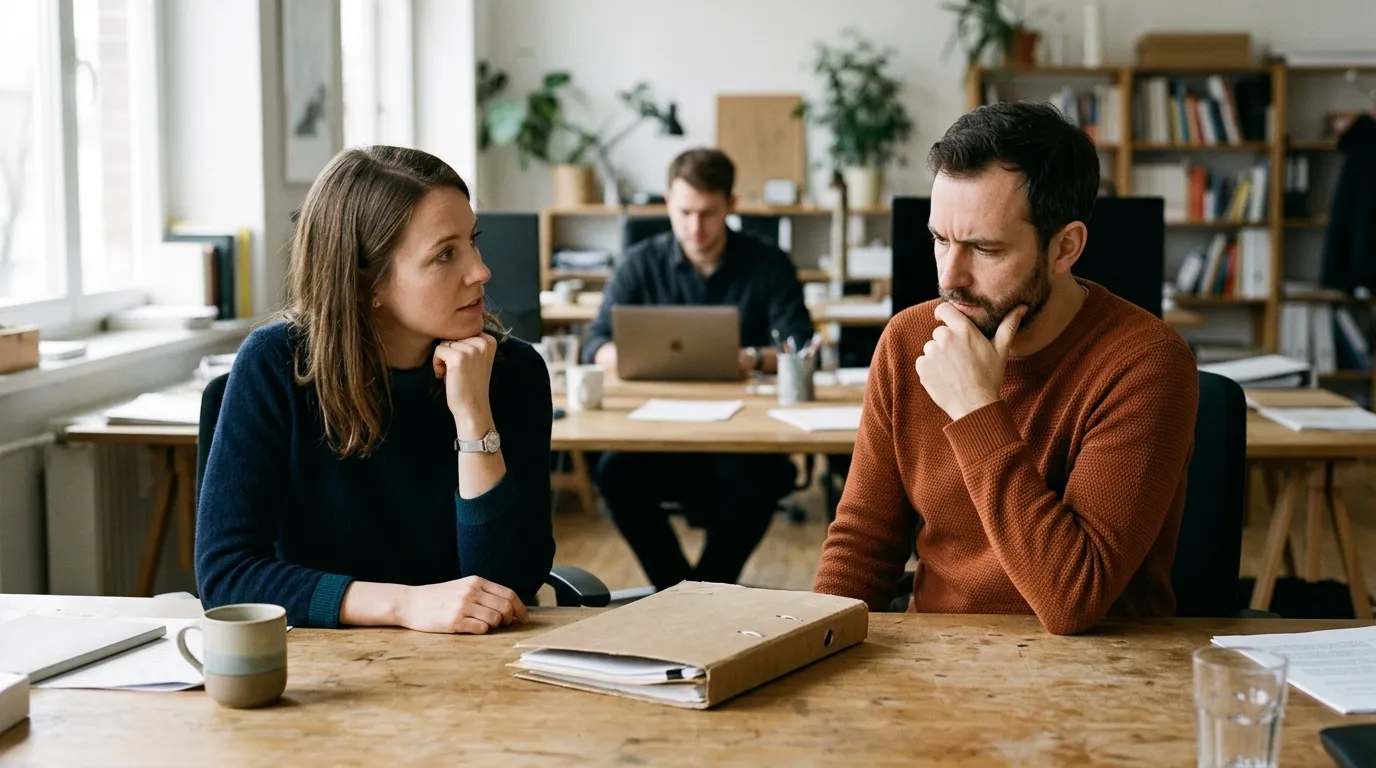 Zwei Teammitglieder erleben im Arbeitsalltag eine unklare Zuständigkeit für eine gemeinsame Aufgabe.