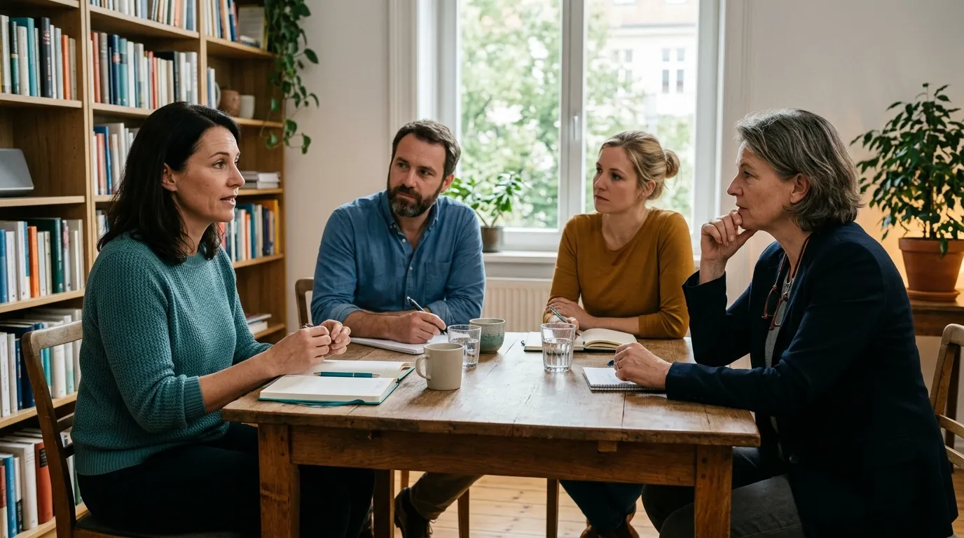 Fachpersonen reflektieren mit einem Supervisor gemeinsam eine berufliche Situation aus unterschiedlichen Perspektiven.