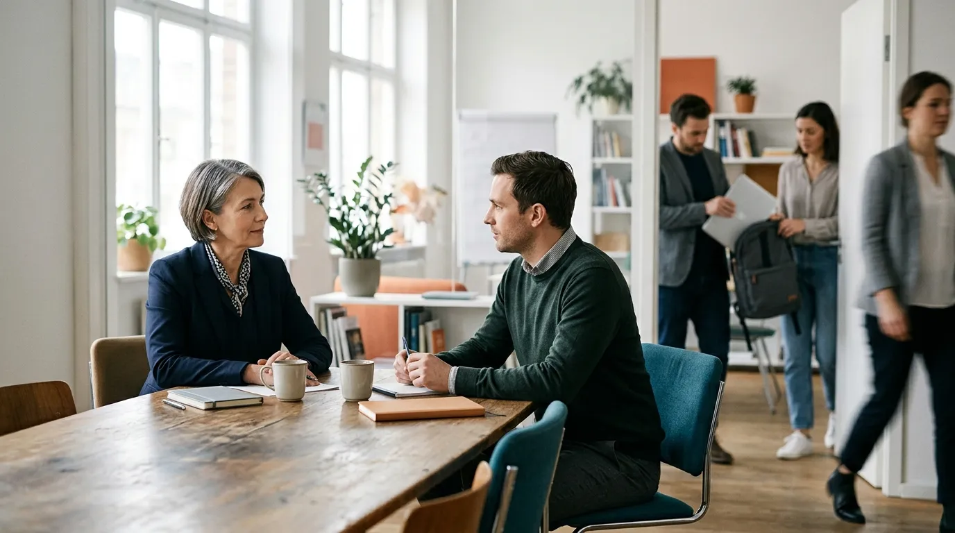 Nach einer Teamsupervision bleibt eine Fachperson für einen vereinbarten geschützteren Gesprächsrahmen mit dem Supervisor zurück.