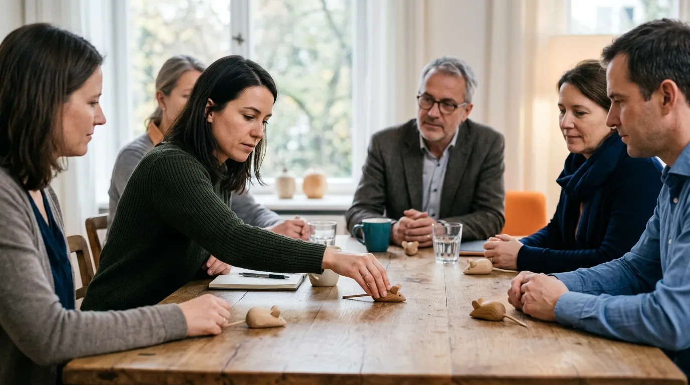 Teammitglieder nutzen in einer Supervision kleine Holzfiguren für einen indirekten Perspektivwechsel auf ihre Zusammenarbeit.
