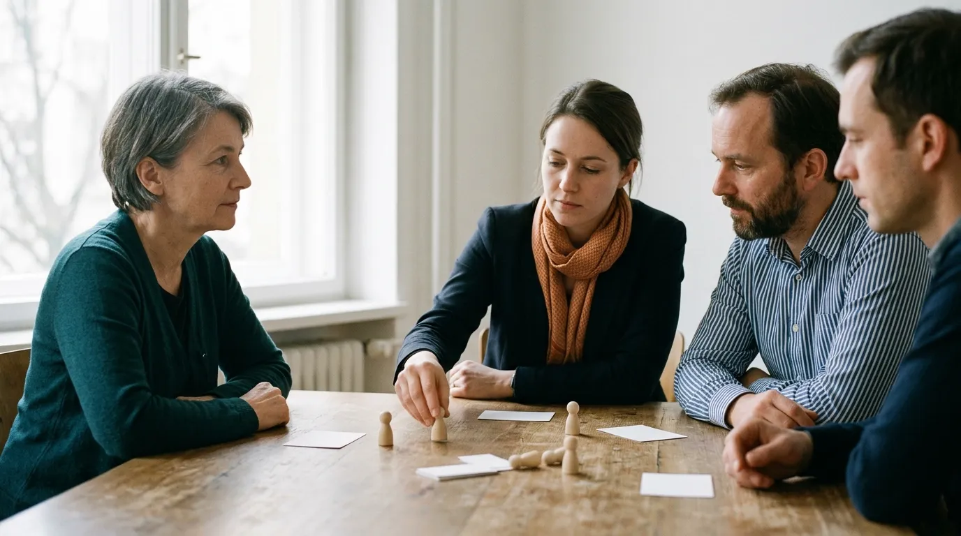 Teammitglieder reflektieren in einer Supervision ihren eigenen Einfluss auf die Dynamik eines Konflikts.