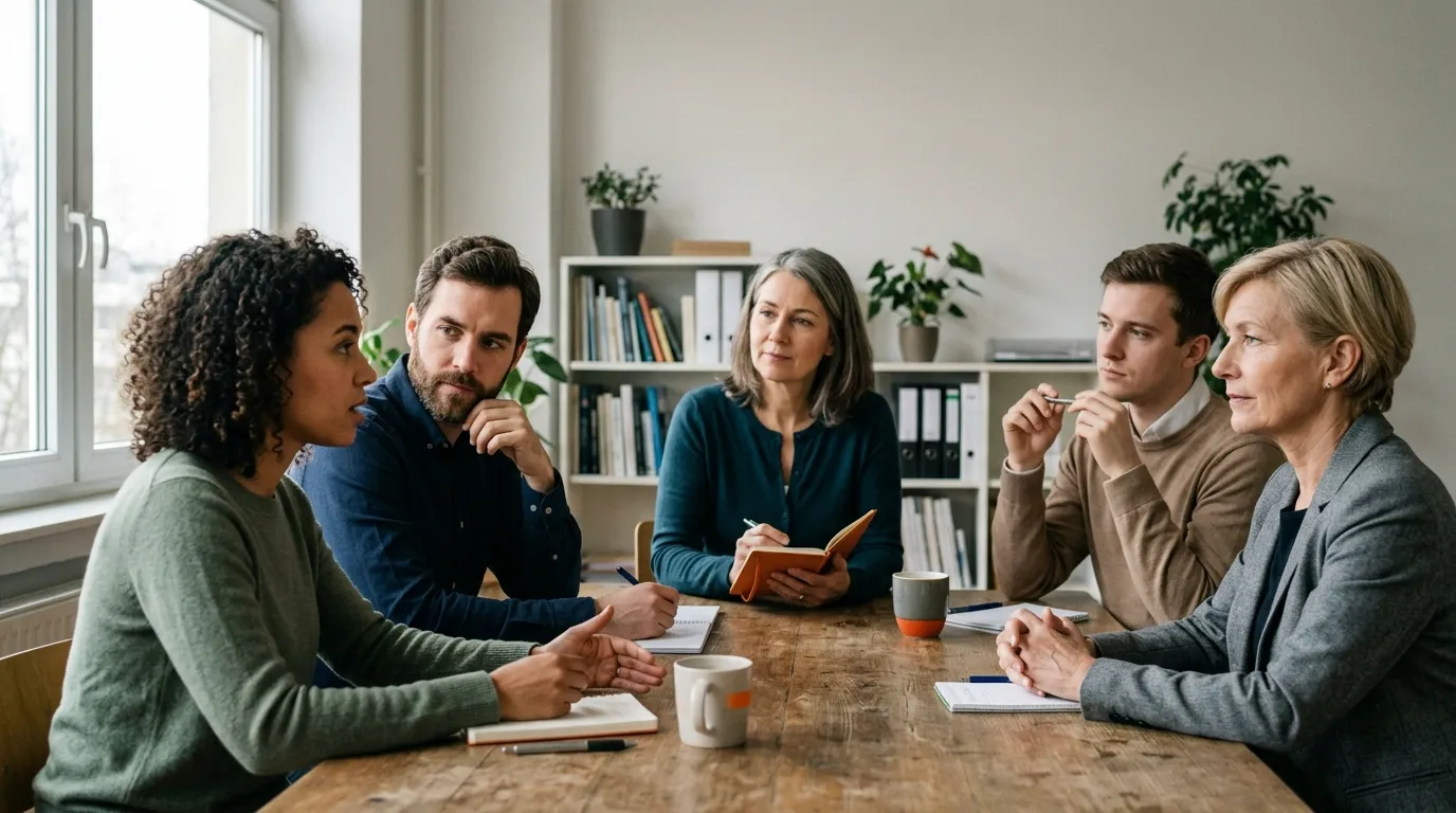 Team reflektiert mit einem Supervisor eine schwierige Zusammenarbeit und unterschiedliche Perspektiven.