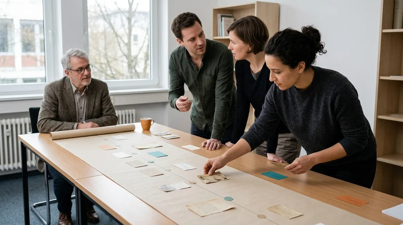 Team betrachtet in einer Supervision mit einer Timeline wichtige Entwicklungen und Wendepunkte seiner Zusammenarbeit.