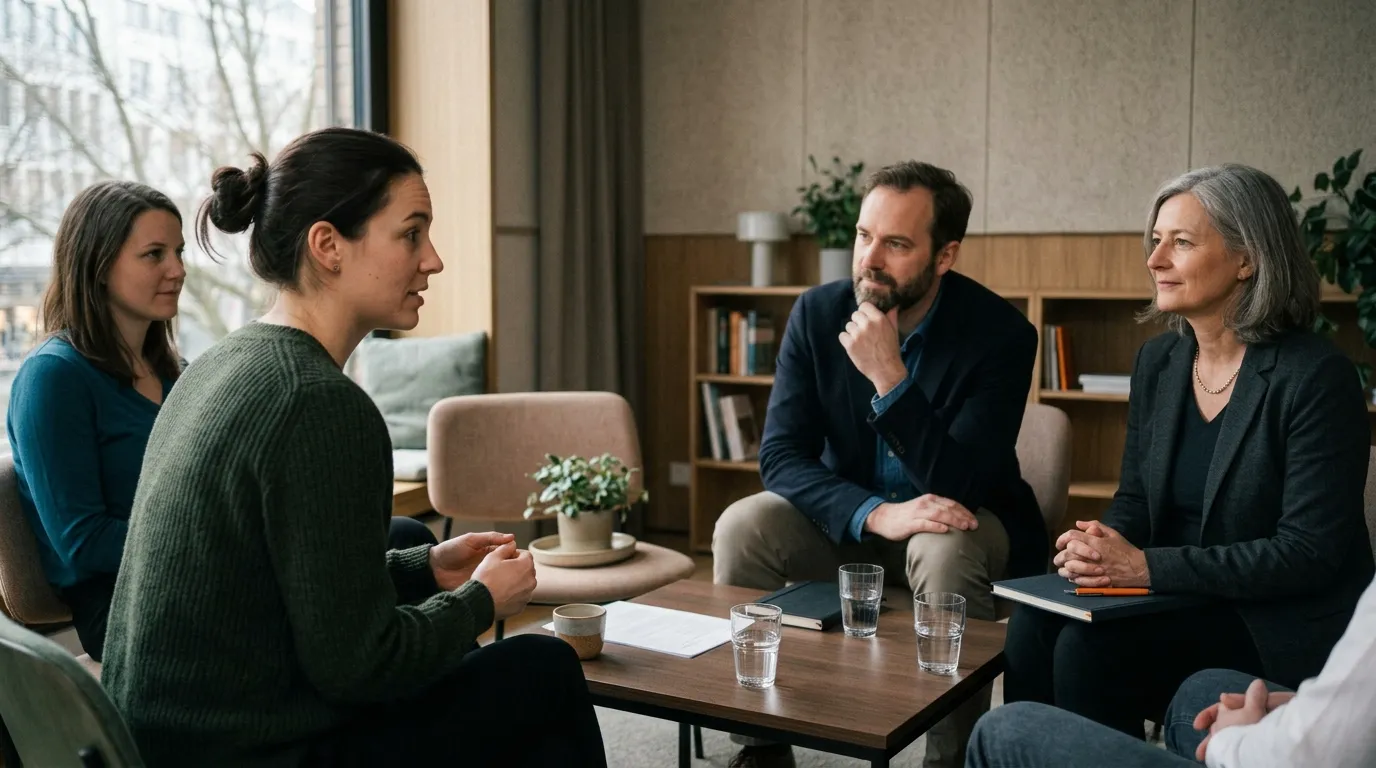 Fachpersonen und Supervisor während einer regelmäßig stattfindenden Supervisionssitzung.