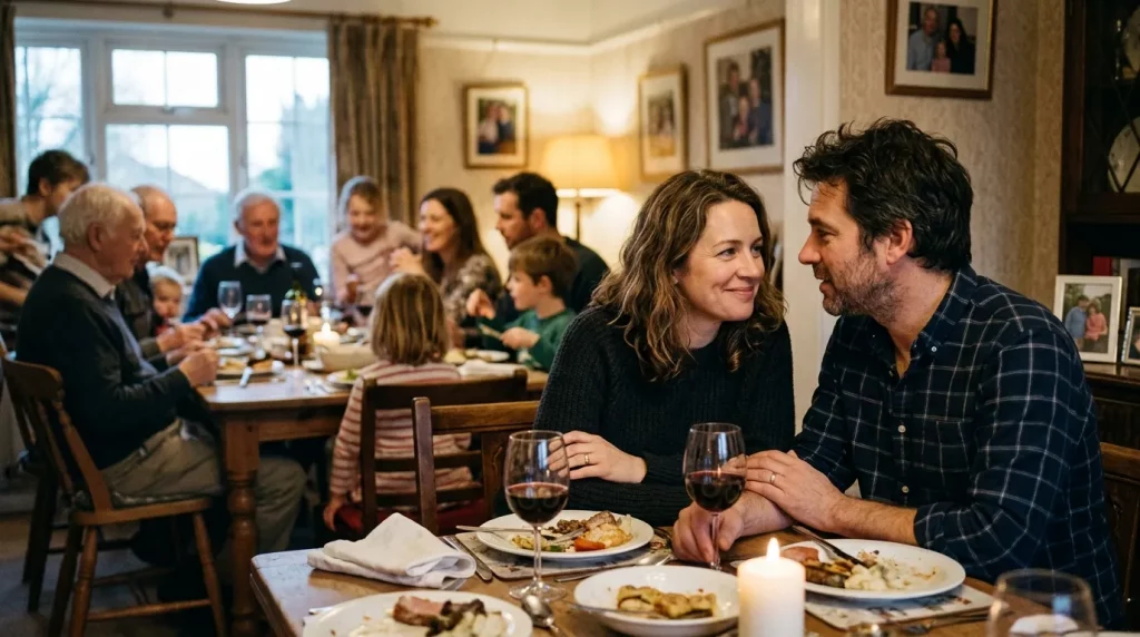 Unterneherfamilie im Hintergrund, ein Unternehmerpaar im Restaurant