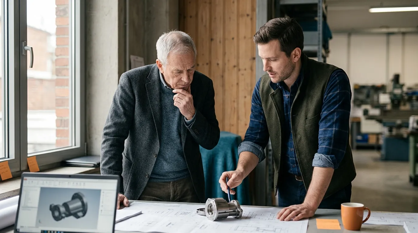 Seniorunternehmer und Nachfolger besprechen gemeinsam eine Unternehmensfrage, während sich ihre Verantwortungsrollen verändern.