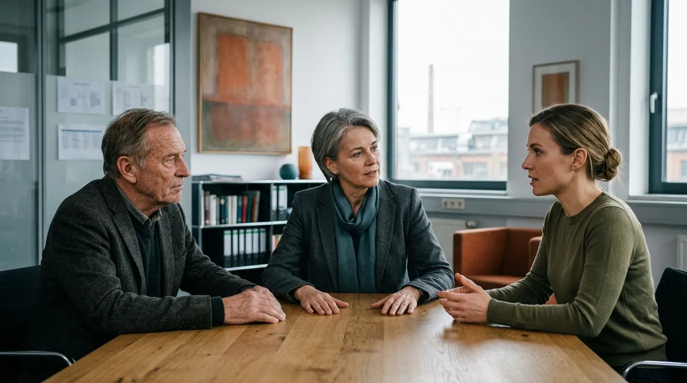Eine externe Gesprächsbegleitung hört mehreren Mitgliedern einer Unternehmerfamilie mit unterschiedlichen Sichtweisen zu.