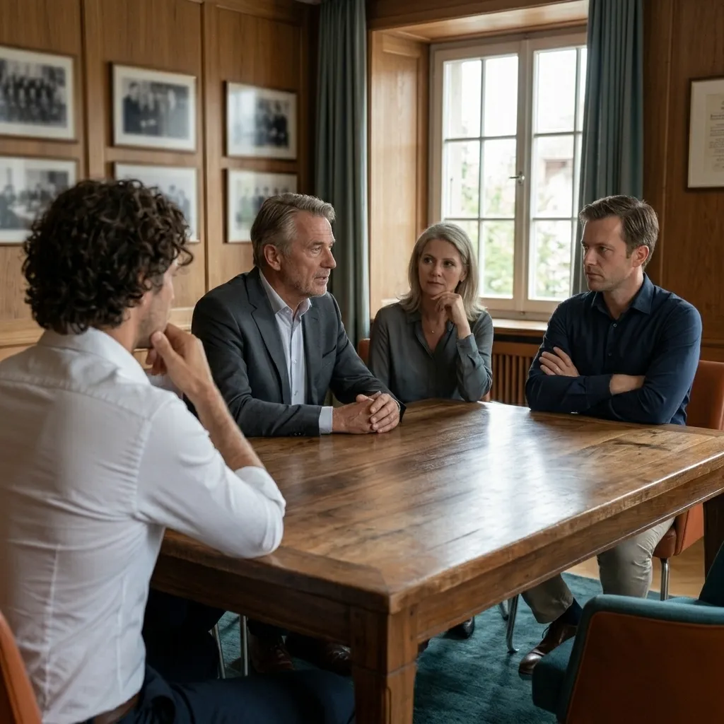 Beratung einer Unternehmerfamilie am Tisch mit Marek Zalarski zur Klärung von Rollen und Zusammenarbeit.