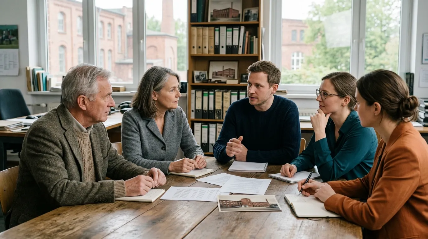 Mehrere Generationen einer Unternehmerfamilie besprechen gemeinsam ihre langfristige Beziehung zum Familienunternehmen.