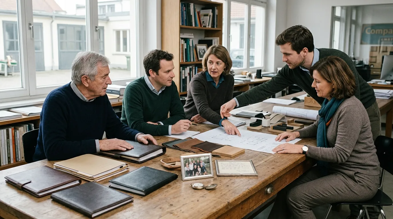 Mitglieder einer Unternehmerfamilie betrachten gemeinsam Unterlagen zu Familie, Unternehmen und Eigentum.
