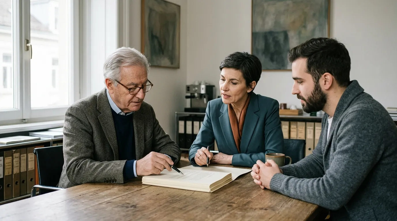 Eine Unternehmerfamilie bespricht gemeinsam ein Dokument mit zuvor ausgehandelten Regeln und Leitlinien.