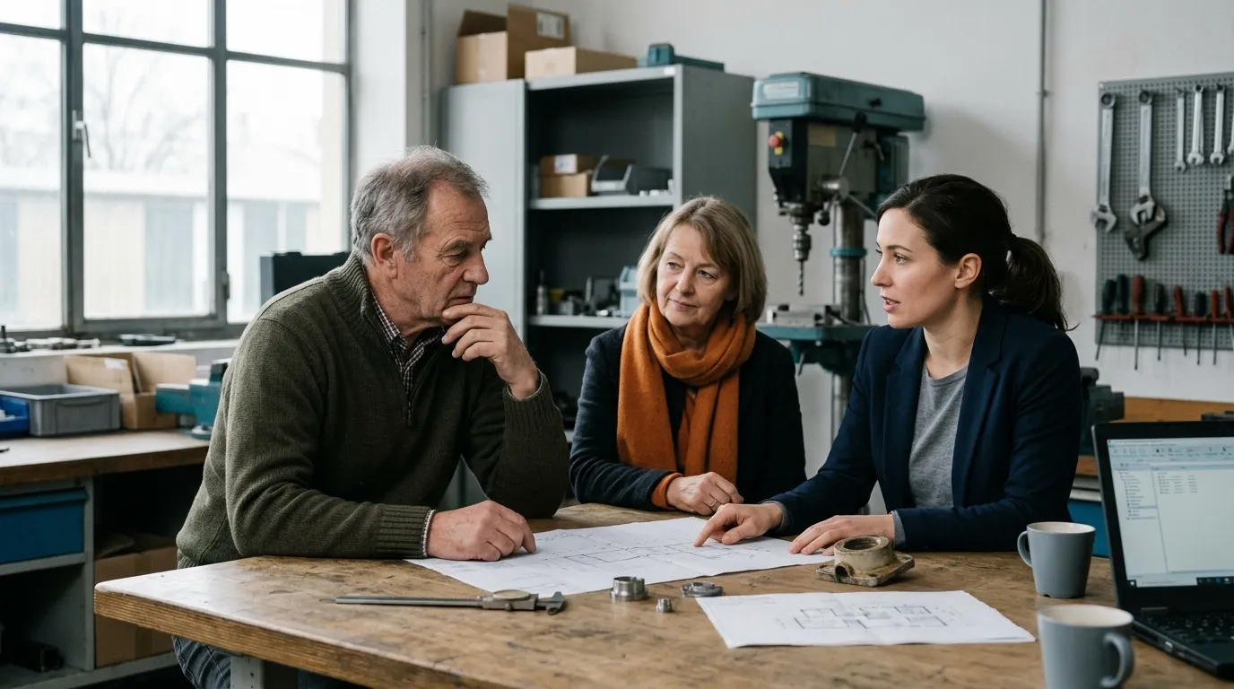 Eine ältere und eine jüngere Generation einer Unternehmerfamilie besprechen unterschiedliche Vorstellungen zur Entwicklung des Unternehmens.
