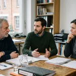 Mitglieder einer Unternehmerfamilie diskutieren unterschiedliche Sichtweisen auf eine betriebliche Entscheidung.