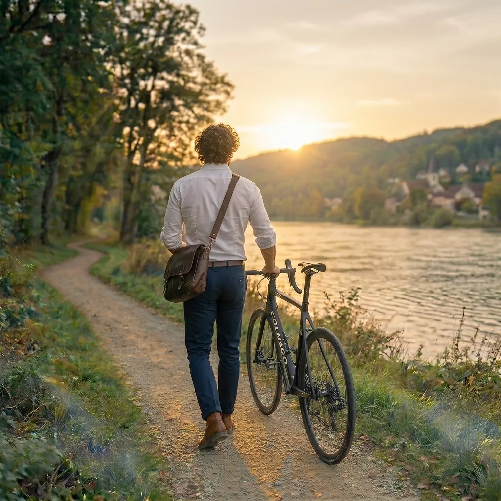 Marek Zalarski mit Fahrrad am Hochrhein auf dem Weg zu einem Termin in der Region.