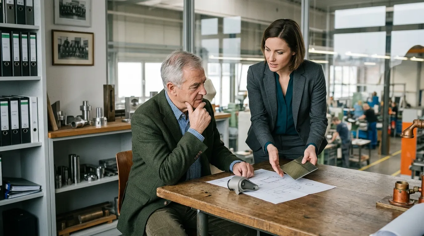 Seniorunternehmer und Nachfolger besprechen unterschiedliche Vorstellungen über die zukünftige Entwicklung des Familienunternehmens.