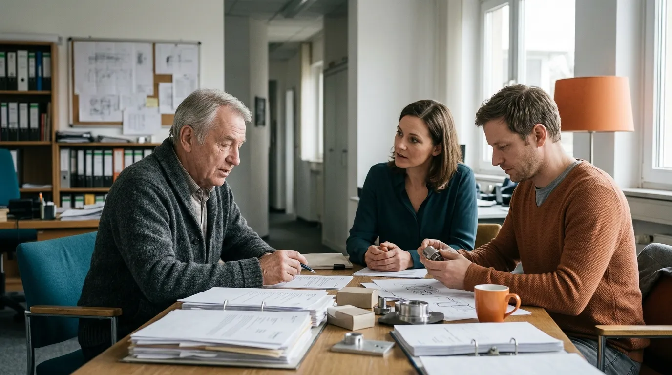 Ein Elternteil und ein erwachsenes Kind wechseln im Familienunternehmen zwischen familiärer und beruflicher Gesprächssituation.