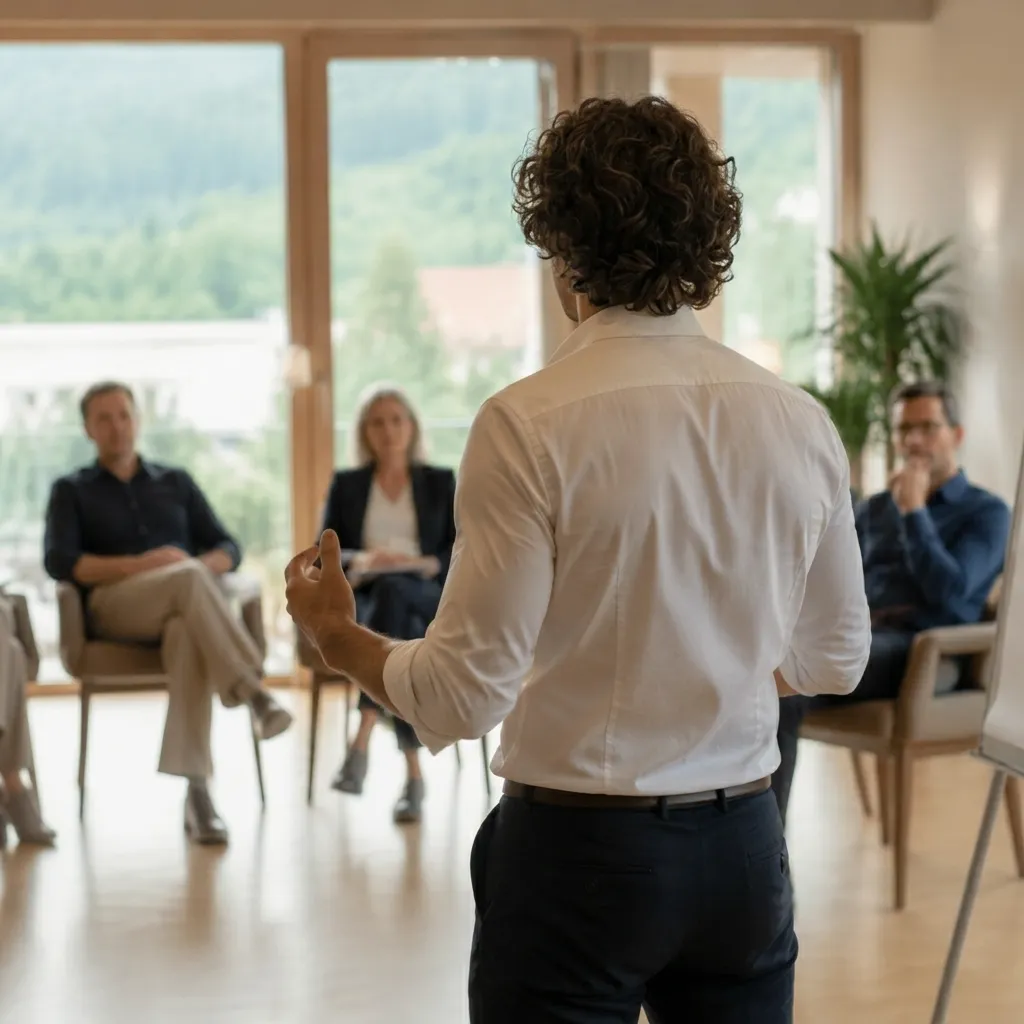 Marek Zalarski als Supervisor begleitet ein Teamgespräch in einem modernen Seminarraum.