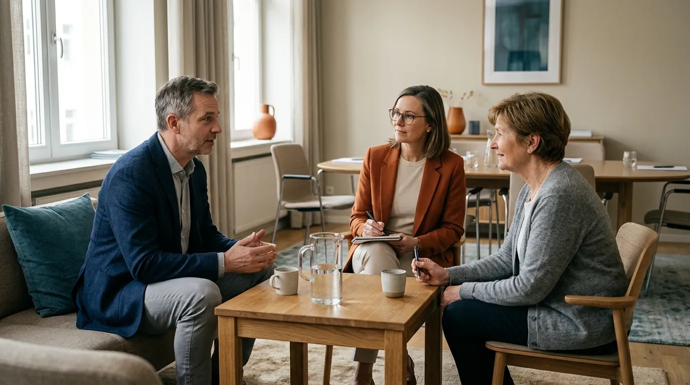 Zwei Familienmitglieder führen mit einer externen Begleitung ein Gespräch in einer kleineren Teilgruppe.