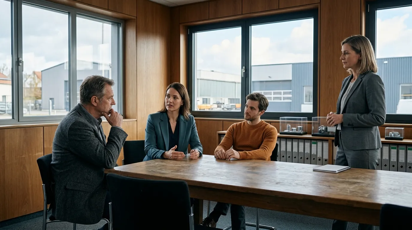 Mitglieder einer Unternehmerfamilie besprechen mit einer externen Person eine komplexe Rollen- oder Veränderungsfrage.