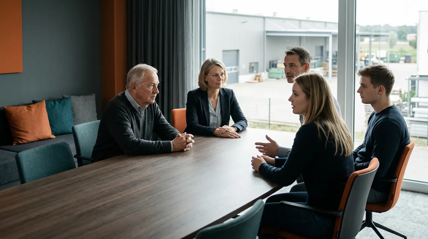 Ausgewählte Mitglieder einer Unternehmerfamilie nehmen gemeinsam an einem strukturierten Gespräch teil.