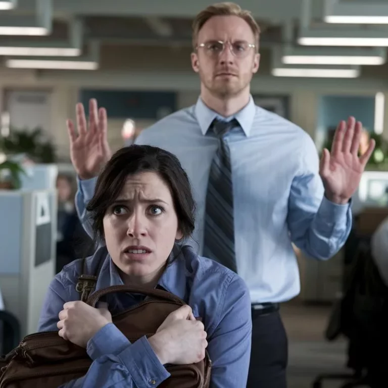 Eine verängstigte Frau in einem Büro, die Anzeichen von Mobbing zeigt, während ein männlicher Kollege im Hintergrund eine abweisende Haltung einnimmt.