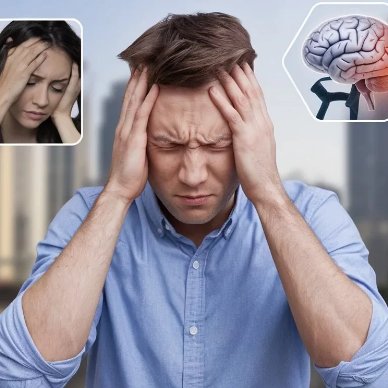 Mann mit Kopfschmerzen, umgeben von medizinischen Illustrationen zu Stressfolgen wie Herz-Kreislauf-System, Gehirn und Nerven. Symbolisiert Auswirkungen von Stress und die Notwendigkeit von Stressmanagement.